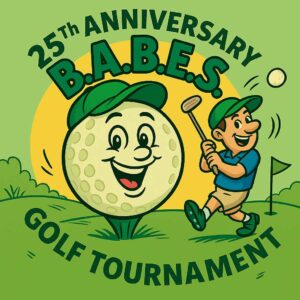 A cheerful male golfer stands mid-swing on a vibrant green golf course, wearing a blue shirt and beige shorts. Behind him, colorful celebratory signage marks the “25th Anniversary of the B.A.B.E.S. Golf Tournament.” Nearby, a golf cart decorated with party balloons and oversized koozies adds a funny twist to the scene, with confetti drifting through the air under a bright blue sky.